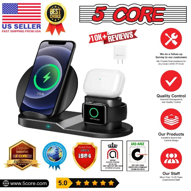 5 Core Wireless Charging Station 3 in 1 Wireless Charger Stand QI Fast Wireless Charging W Dual Coil for Samsung Iphone for Apple Watch Airpod -WCR 3