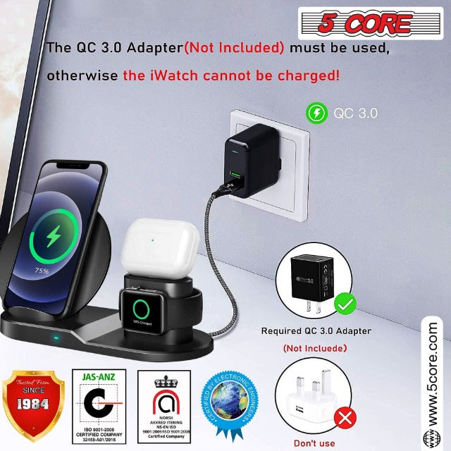 5 Core Wireless Charging Station 3 in 1 Wireless Charger Stand QI Fast Wireless Charging W Dual Coil for Samsung Iphone for Apple Watch Airpod -WCR 3